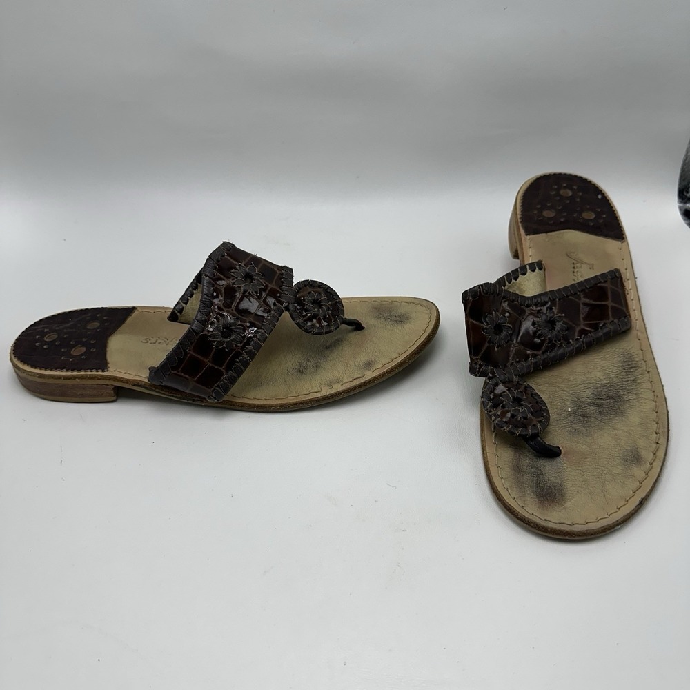 Jack Rogers Thong Sandals Brown Patent Leather Reptile Print‎ Women's 9